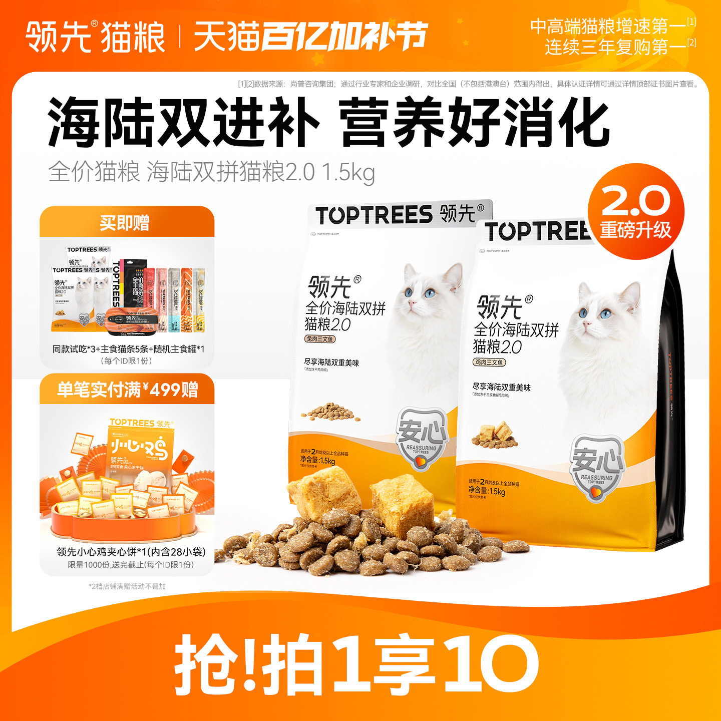 领先海陆冻干双拼猫粮2.0鸡肉三文鱼益生菌成猫幼猫专用全价通用
