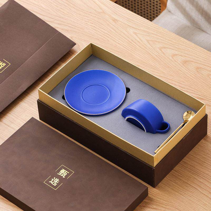 原创克莱因蓝咖啡杯套装 陶瓷杯烫金 马克杯杯子水杯配碟勺子