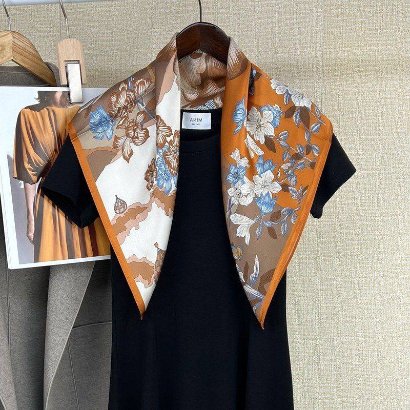 田园风70CM100%桑蚕丝丝巾中方巾女春秋夏季薄围巾领巾真丝头巾礼