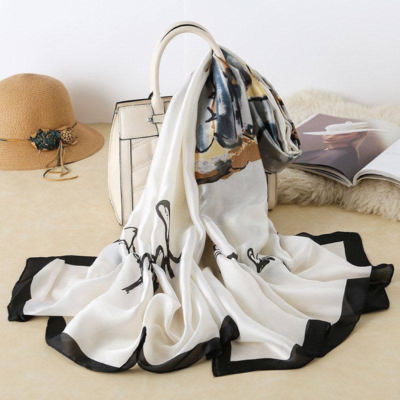 新款春夏围巾丝巾女士素雅高档荷花椅子印花仿真丝披肩防晒沙滩巾