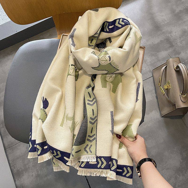 秋冬新款仿羊绒拉毛围巾女加厚保暖欧美小马条纹边框披肩保暖围脖