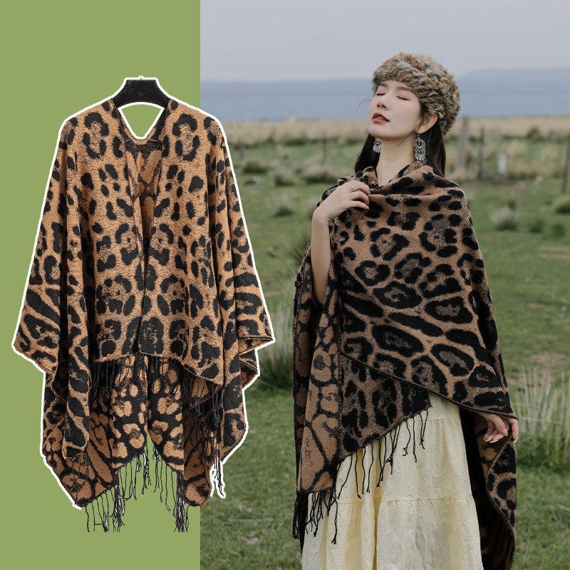 豹纹开叉巾保暖流苏披肩加厚西藏