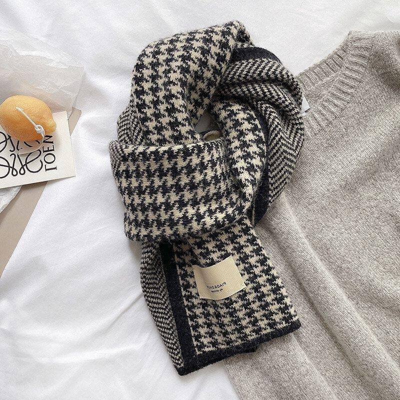 千鸟格子围巾女秋冬季2024新款韩版百搭学生针织毛线保暖围脖男潮