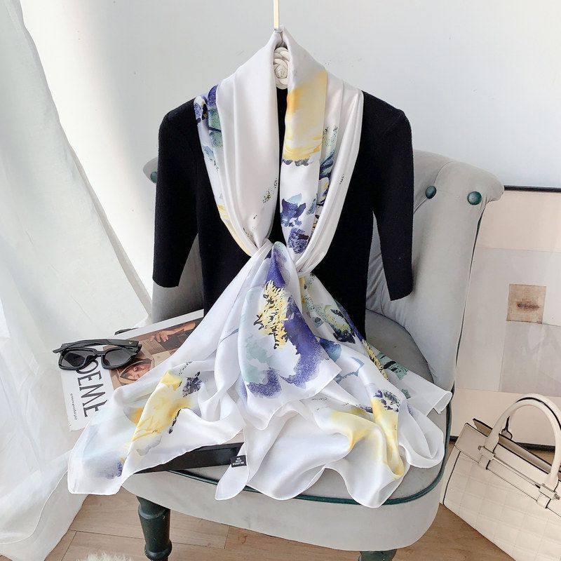 国风水墨印花丝巾女仿真丝夏防晒沙滩巾外搭度假披肩头巾时尚围巾