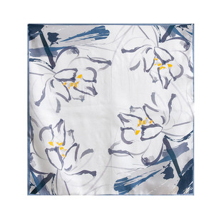 缎面蓝色印花真丝系脖小方巾杭州桑蚕丝领巾OL百搭2026年新款 丝巾