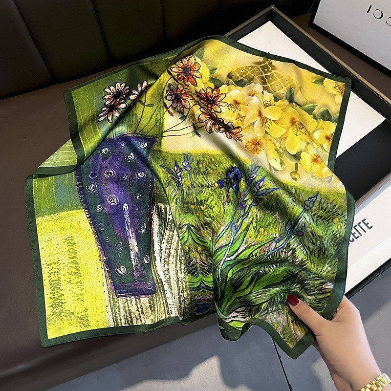油画色花卉真丝飘带100%桑蚕丝围巾韩版长条丝巾复风古小领巾绿色