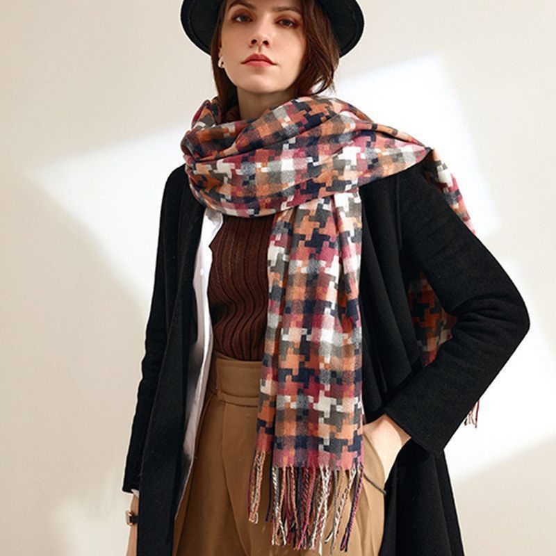 韩版格子拼接印花围巾女保暖英伦风仿羊绒两用外搭披肩中长款