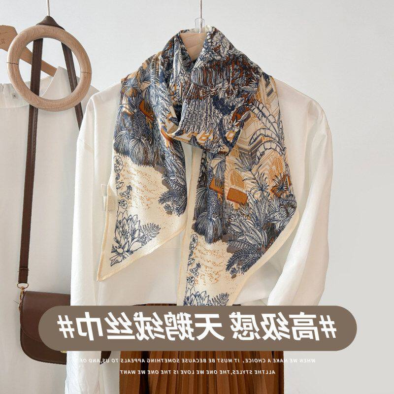 韩系新款平行巾仿真丝丝巾春秋季女士薄款高级感植物花卉印花领巾