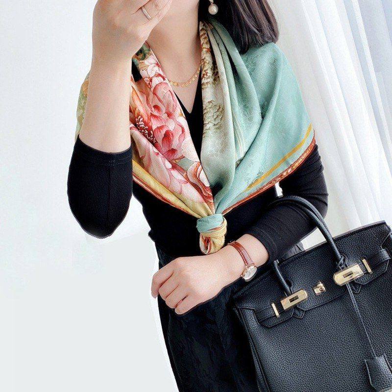 【并蒂莲花】高货花萝真丝大方巾双面印花桑蚕丝巾围巾披肩女