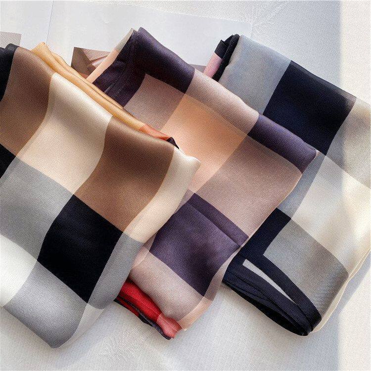 真丝丝巾欧美英伦格子春夏季桑蚕丝围巾防晒披肩女士长巾防晒冰丝