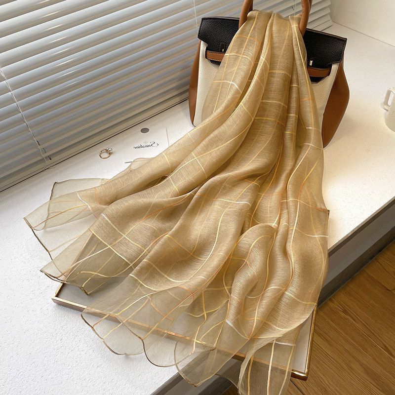 韩简约细条纹真丝羊毛轻薄款丝巾