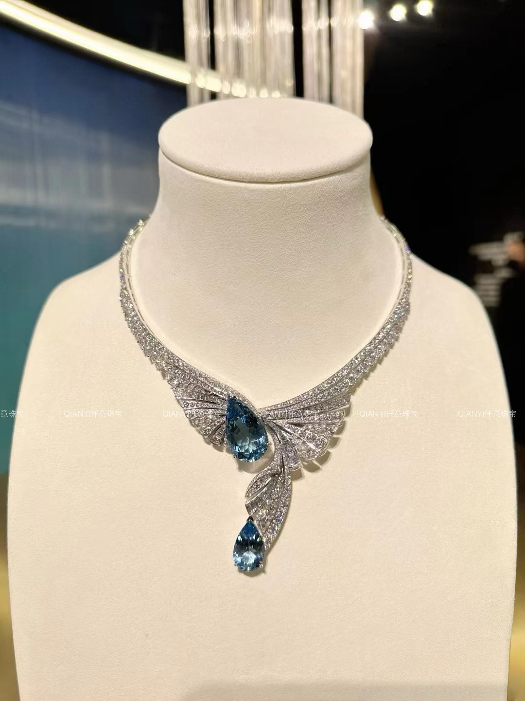 QIANYI仟意珠宝【华彩高珠】s925银高碳钻定制宴会华丽蓝宝石项链