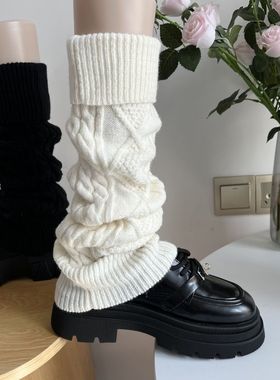 日系复古纯白色菱格麻花袜套女秋冬季加厚保暖毛线针织学生腿套女