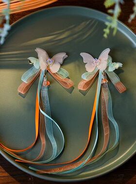 儿童古风头饰女汉服国风超仙绢花长飘带夹子蝴蝶发饰丝带对夹饰品