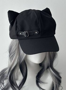 2025新款爱心猫耳朵帽子帽二次元亚文化可爱皮扣鸭舌帽贝雷帽女