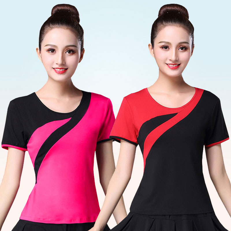 新款广场舞服装莫代尔跳舞上衣女夏季圆领短袖舞蹈服休闲练功舞服