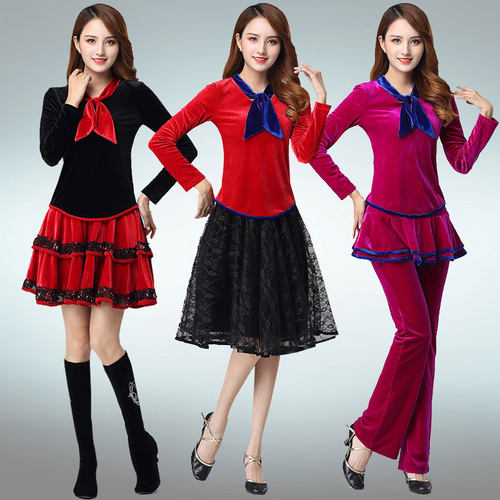 新款高档广场舞服装女秋冬季长袖跳舞上衣舞蹈裙子套装演出表演服