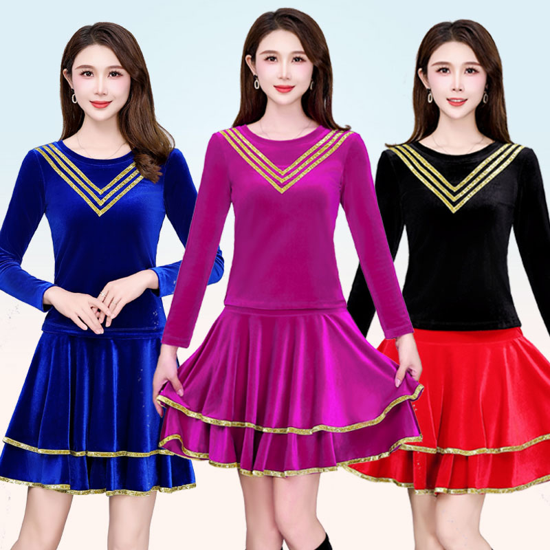 新款广场舞服装金丝绒喇叭袖跳舞上衣裙子套装中老年运动演出舞服