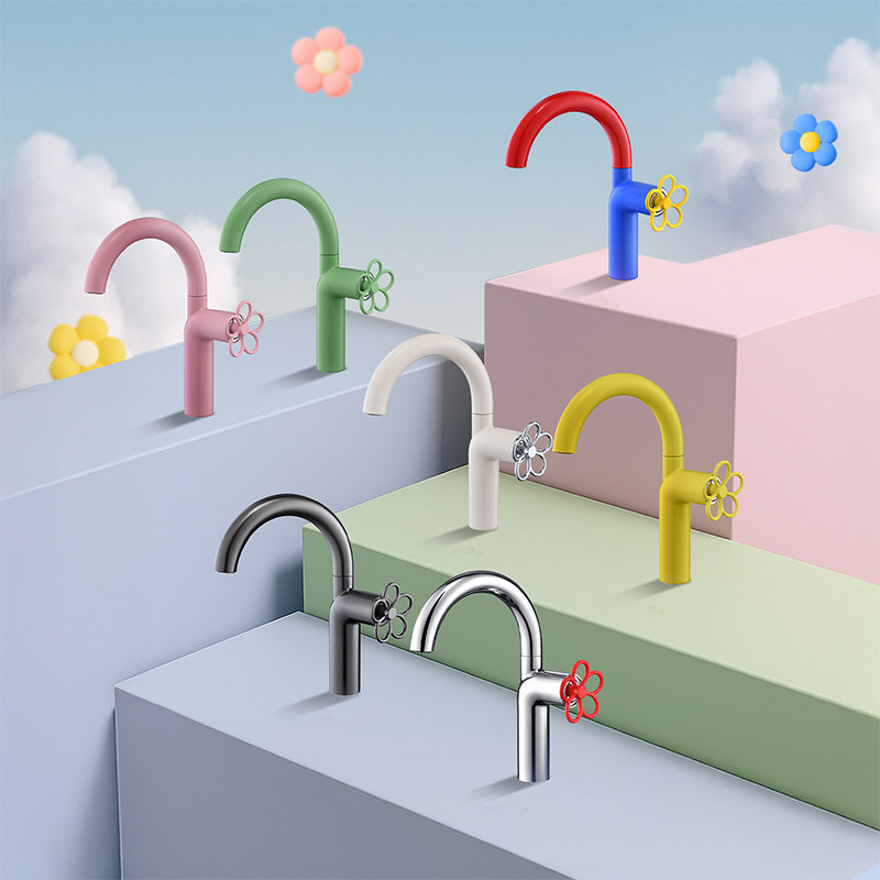 卫生间小红花水龙头冷热旋转浴室洗漱洗脸洗手面盆防溅彩色水龙头