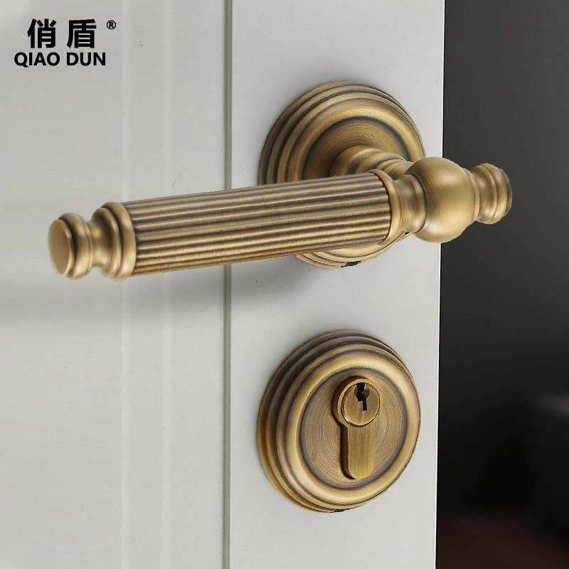 法式门锁黄铜复古磁吸静音欧式古铜色室内做旧双开门锁卧室房门锁