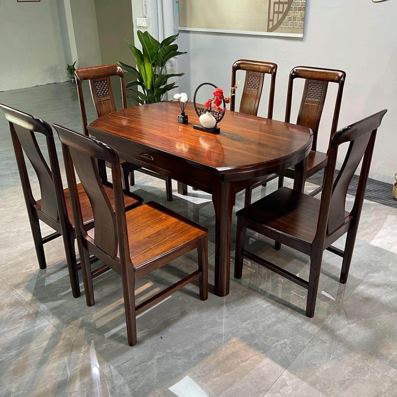 乌金木全实木餐桌椅组合家用小户型方圆两用新中式可伸缩折叠饭桌