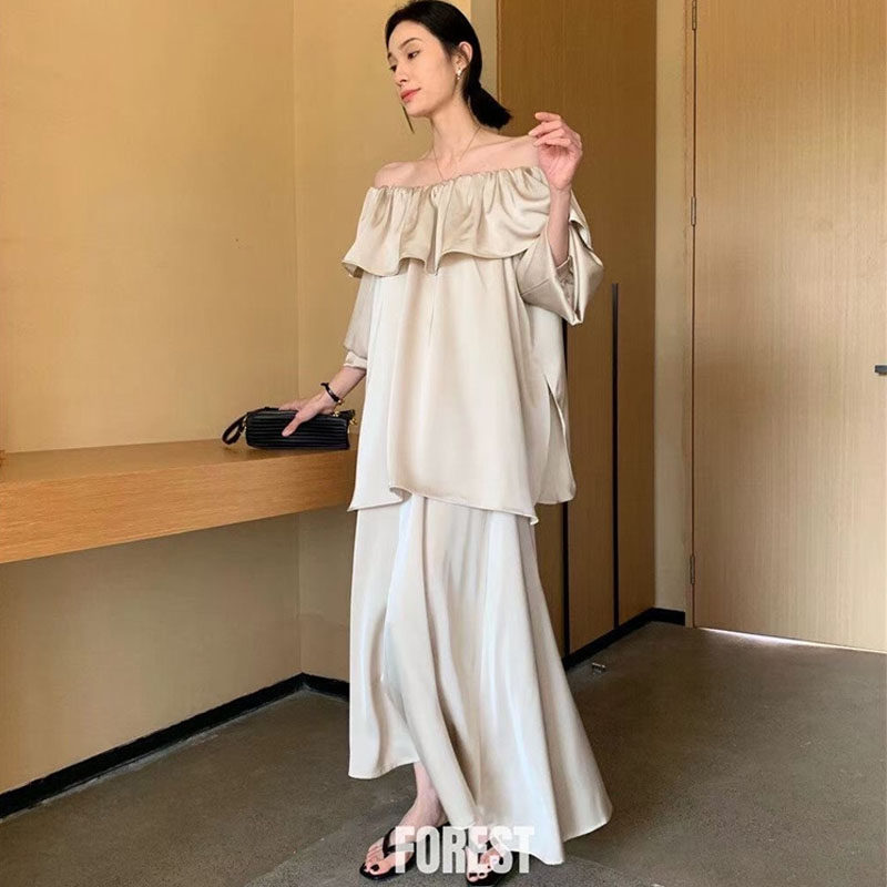 大码女装25春夏法式高级缎面一字肩长袖显瘦上衣连衣裙套装有短袖