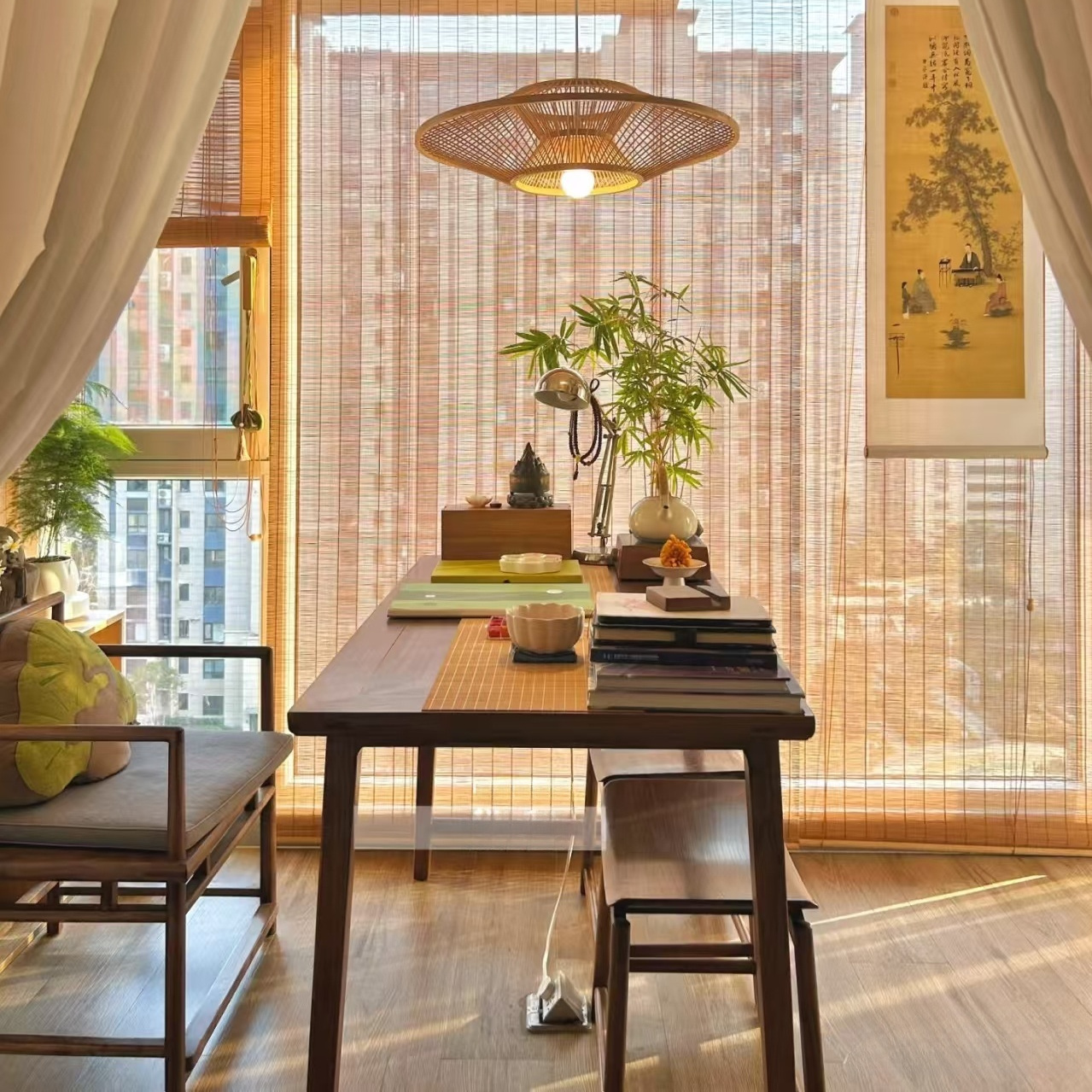 竹簾卷簾窗簾茶室背景簾布置