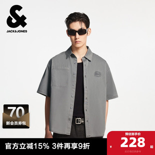 衬衫 杰克琼斯男装 纯棉舒适字母胶印日常休闲翻领宽松短袖 新款 夏季