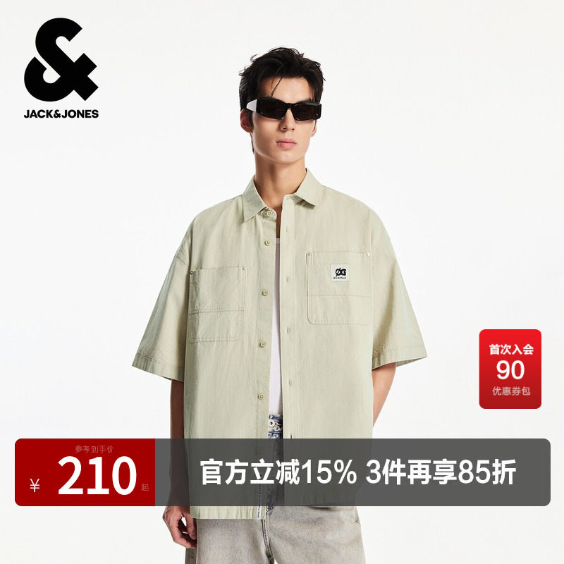杰克琼斯奥特莱斯男装夏季衬衫字母贴布日常刺绣胶印翻领短袖上衣