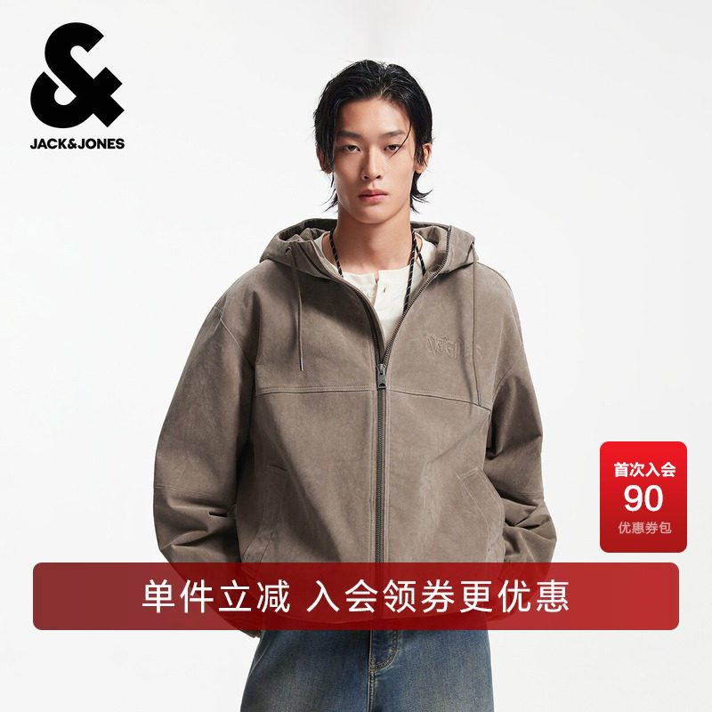 杰克琼斯男装春季夹克外套抽绳连帽字母钢印皮衣经典百搭外套宽松