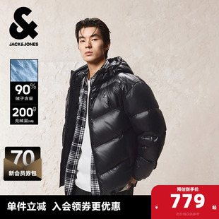 纯黑色高蓬松亮光轻薄宽松立领羽绒服外套 新款 杰克琼斯男装 冬季