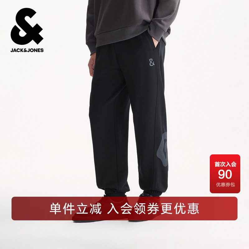 杰克琼斯奥特莱斯男装卫裤春秋季新款印花抽绳腰纯棉宽松束脚裤子