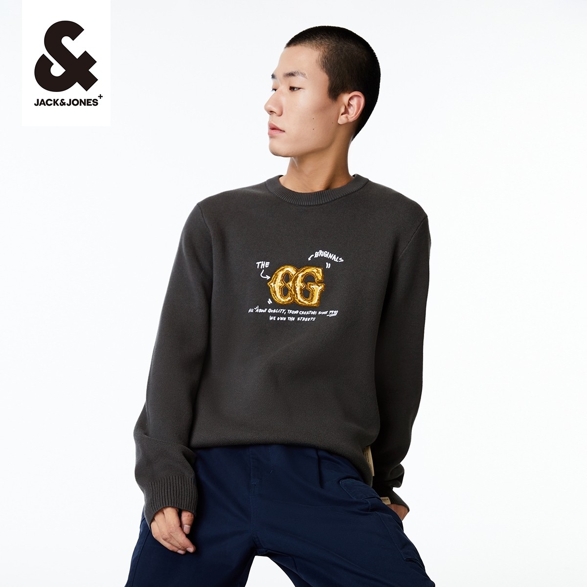 outlets杰克琼斯23春秋潮流休闲直筒简约通勤圆领针织衫毛衣男装