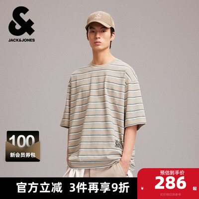 杰克琼斯男装夏季新款时尚拼色条纹字母胶印OVERSIZED圆领短袖T恤