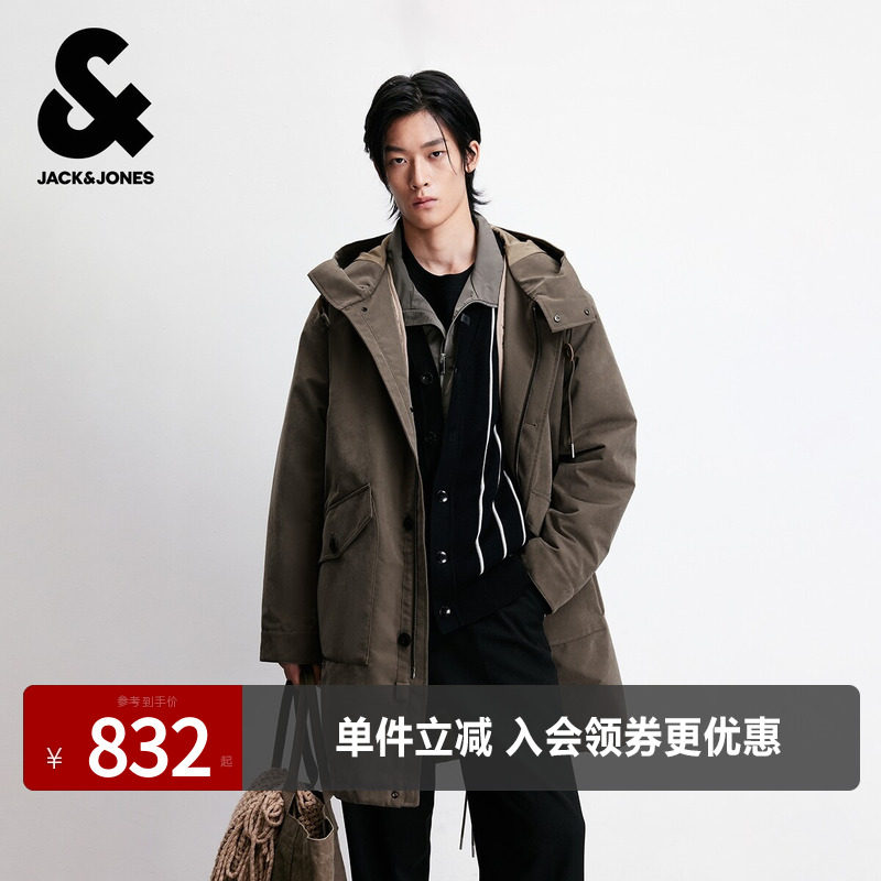 杰克琼斯男装春秋新款百搭日常棉服高领连帽外套通勤休闲长款上衣
