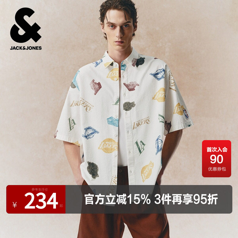 杰克琼斯夏季新款衬衫NBA联名男装时尚潮流百搭宽松短袖上衣