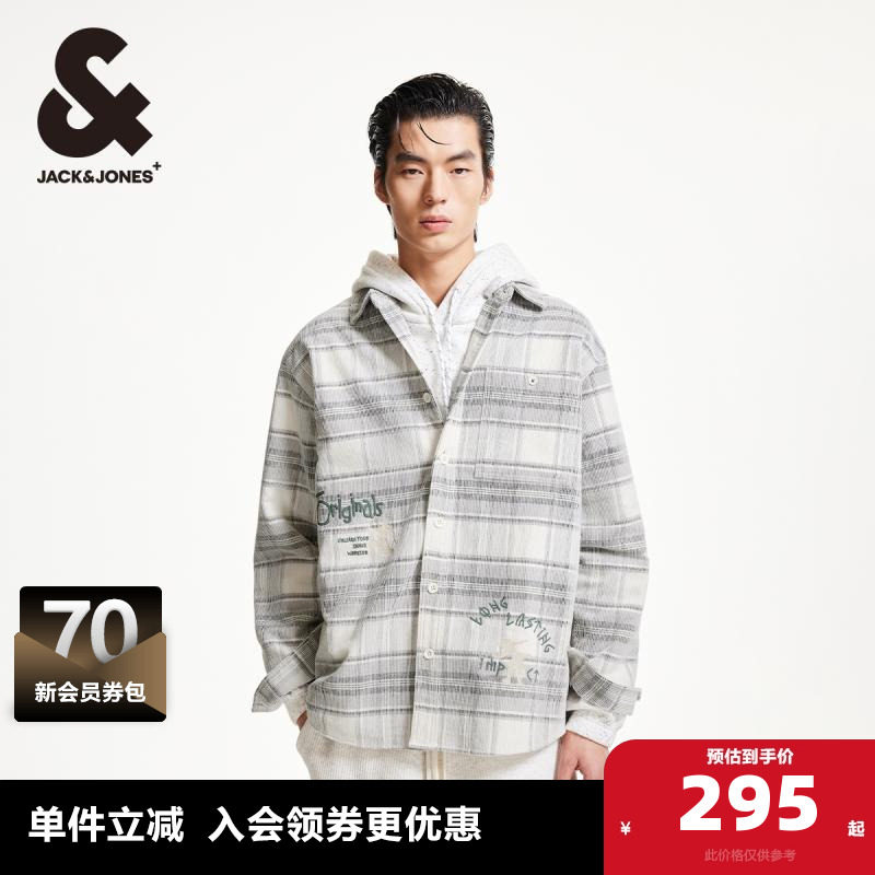 杰克琼斯春季字母刺绣背后印花衣身格纹宽松舒适百搭时尚衬衫男装