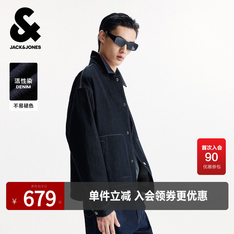 杰克琼斯男装春季夹克外套纯棉时尚百搭字母刺绣宽松牛仔翻领宽松