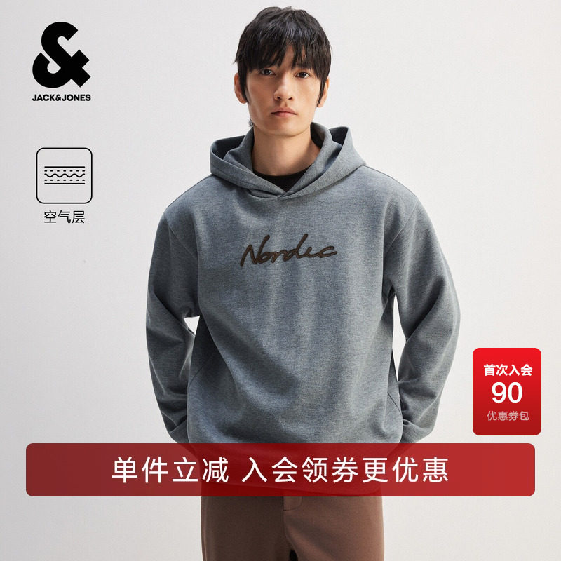 杰克琼斯冬季男装卫衣新贴布刺绣连帽休闲通勤打底衫都市复古长袖