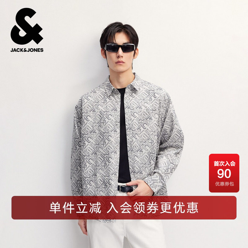 杰克琼斯奥特莱斯男装春秋衬衫配色满印图案宽松尖领贴袋长袖上衣