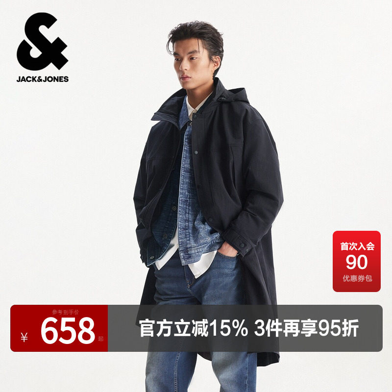 杰克琼斯男装春款夹克外套简约休闲舒适可折叠抽绳连帽宽松中长款