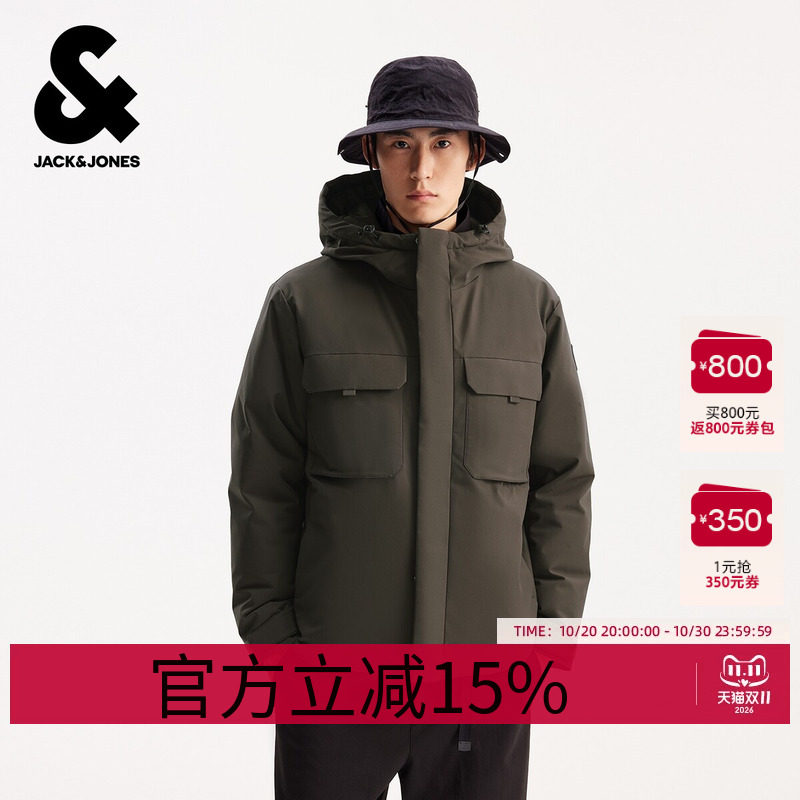 杰克琼斯男生秋冬季百搭连帽羽绒服2025年新款防水工装保暖上衣