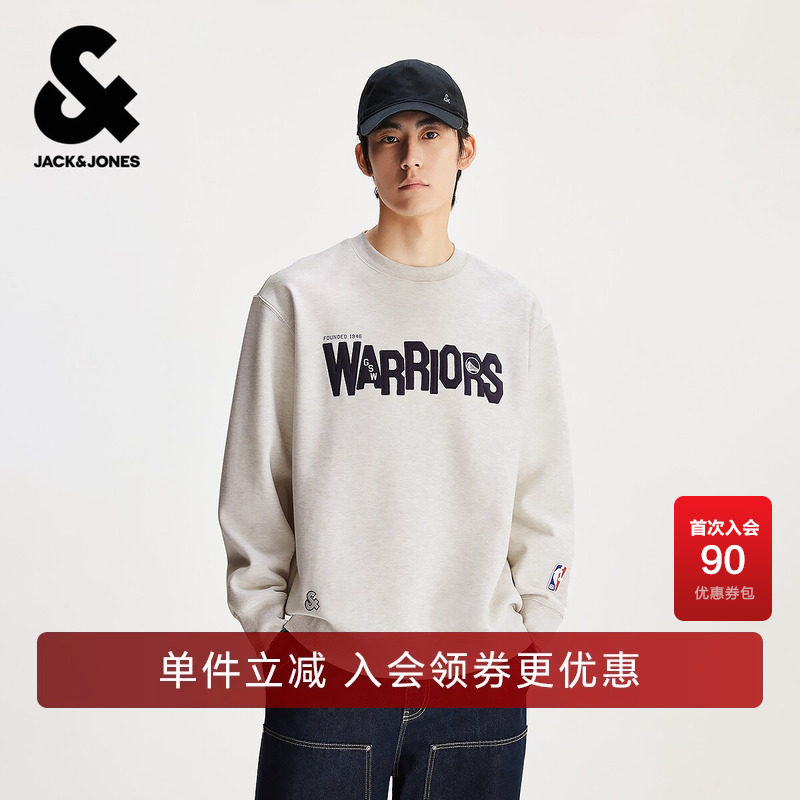 杰克琼斯奥莱春秋男装NBA联名款勇士队字母logo简约宽松圆领卫衣