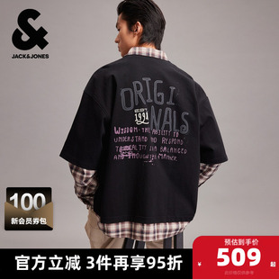 杰克琼斯男装春季新款纯棉OVERSIZED假两件格纹翻领长袖衬衫外套