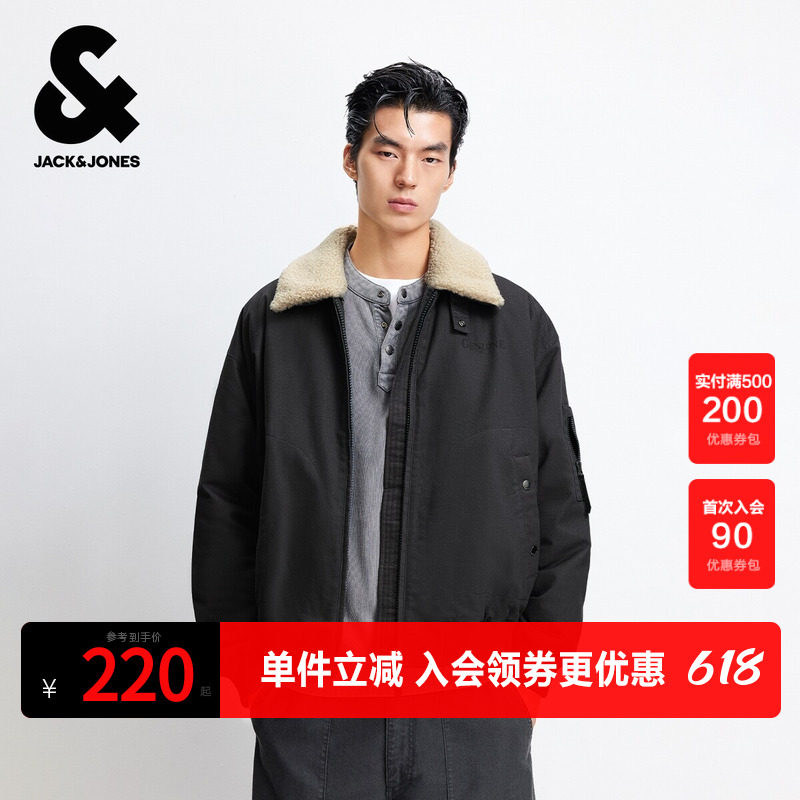 杰克琼斯男装春秋季新款复古休闲可拆卸毛领宽松翻领棉衣棉服外套