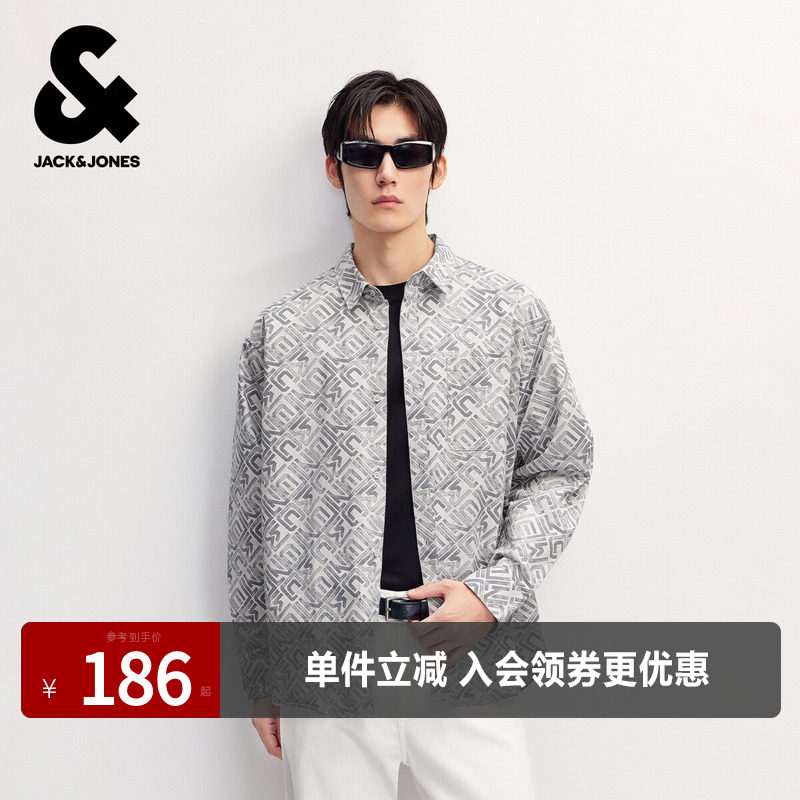 杰克琼斯奥特莱斯男装春秋衬衫配色满印图案宽松尖领贴袋长袖上衣