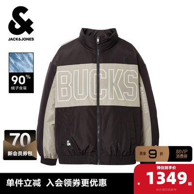 杰克琼斯NBA联名密尔沃基雄鹿队男装羽绒服宽松立领胶印保暖外套