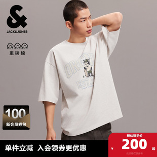 新款 夏季 杰克琼斯男装 绒面发泡字母印花宽松短袖 重磅纯棉T恤