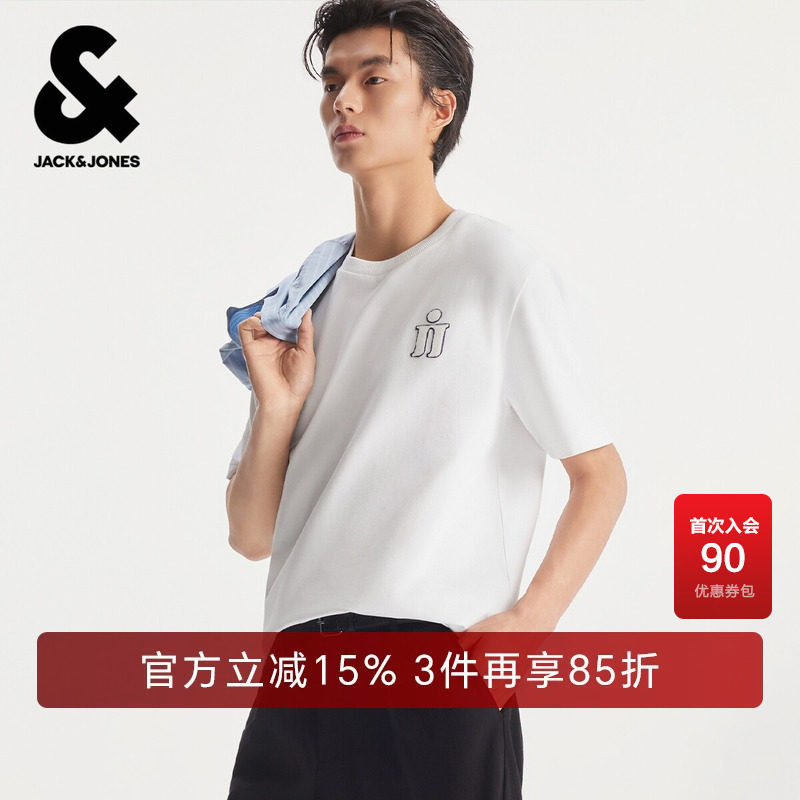 杰克琼斯男装短袖T恤夏季时尚字母刺绣休闲通勤圆领常规短袖上衣