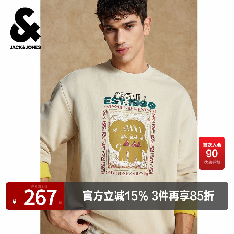 杰克琼斯春季男装卫衣上衣略宽松版型圆领刺绣图案时尚百搭潮休闲